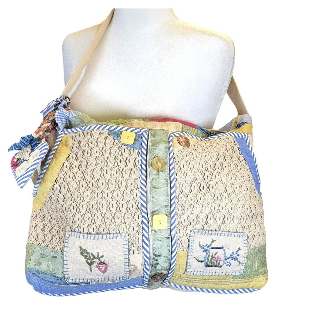 Handmade Grannycore‎ Patchwork Shoulder Bag Embroidered Floral Pockets Buttons